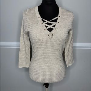 New York & Co Women's Cream Sweater with Lace-Up Detail